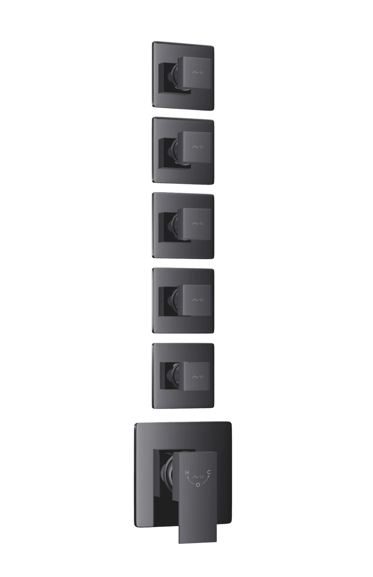 Exposed Part Kit Of 5 Outlet Aqua Multi Flow Diverter Consisting Of Round Operating Levers, Round Wall Flanges & Sleeves